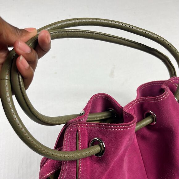 Cole Haan Fuchsia Suede Shoulder Bag Olive Trim Leather Strap Boho Slouchy Tote - Picture 5 of 14